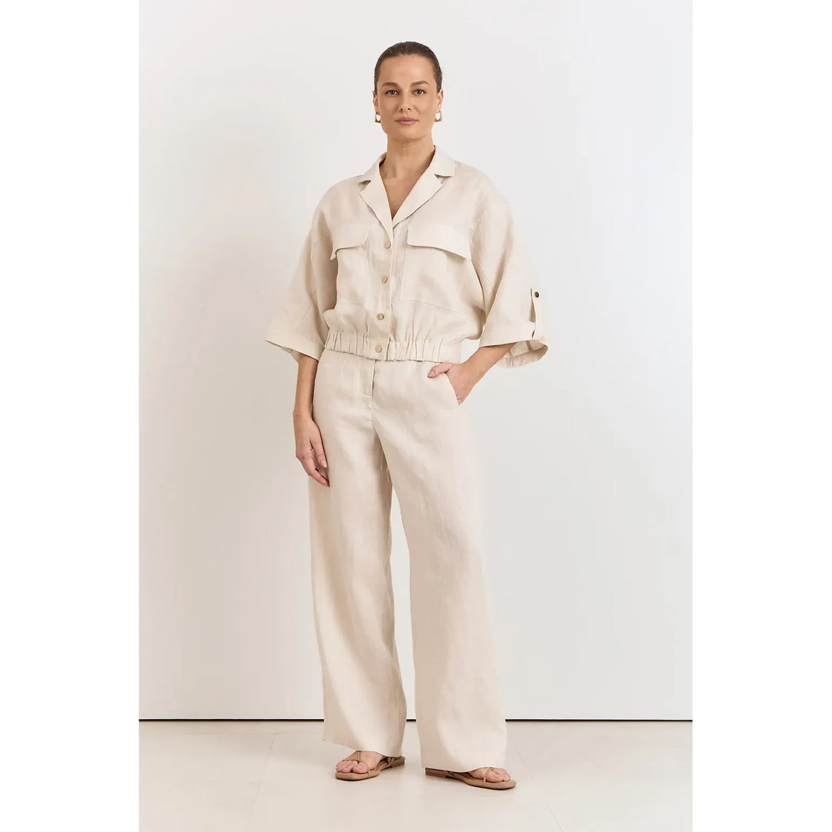 Tamsen Stone Linen Pants paired with Arlie Front Pocket Linen Top