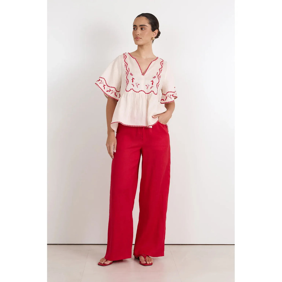 Loren Embroidered Lightweight Linen Top in Stone with red embroidery