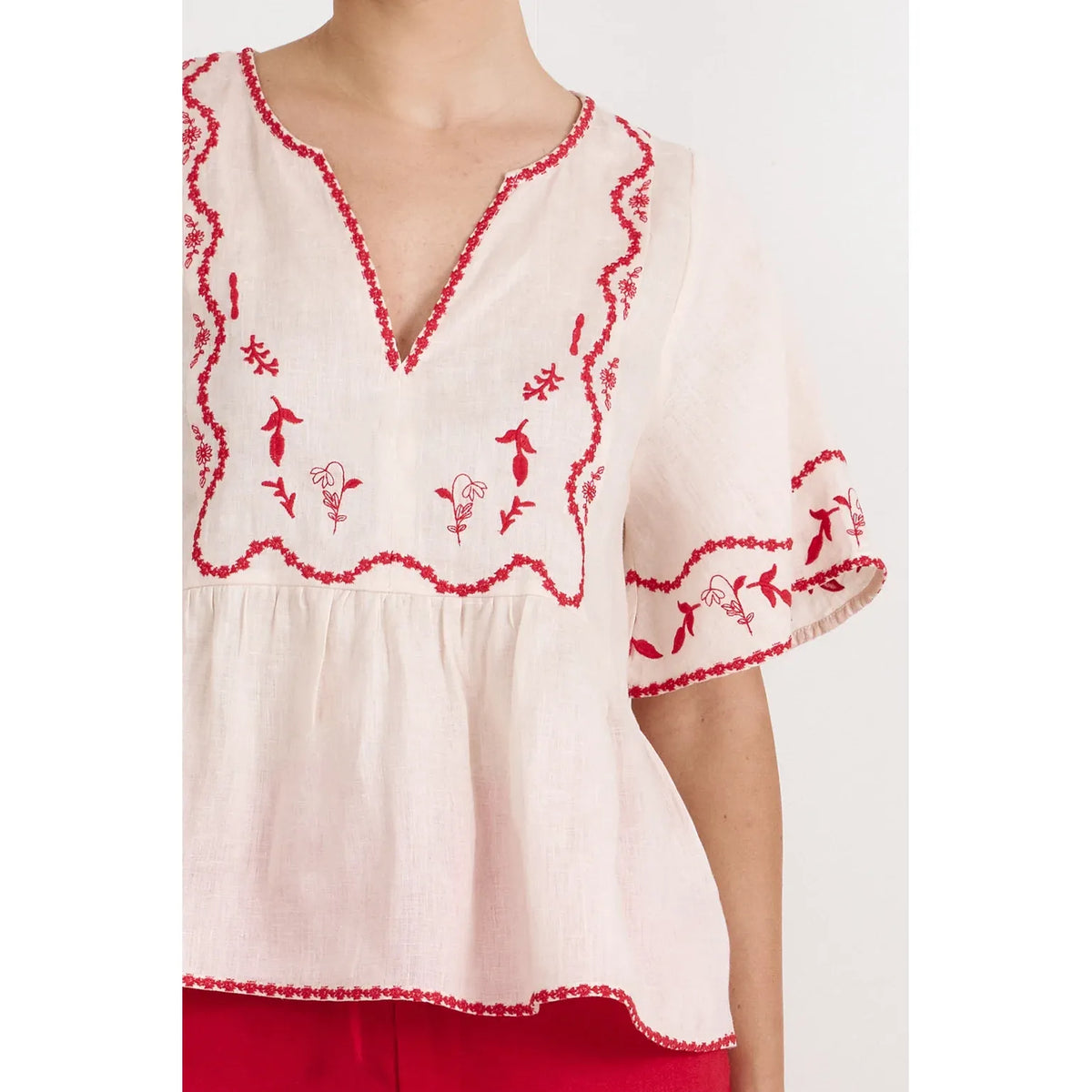 Loren Embroidered Lightweight Linen Top in Stone with red embroidery