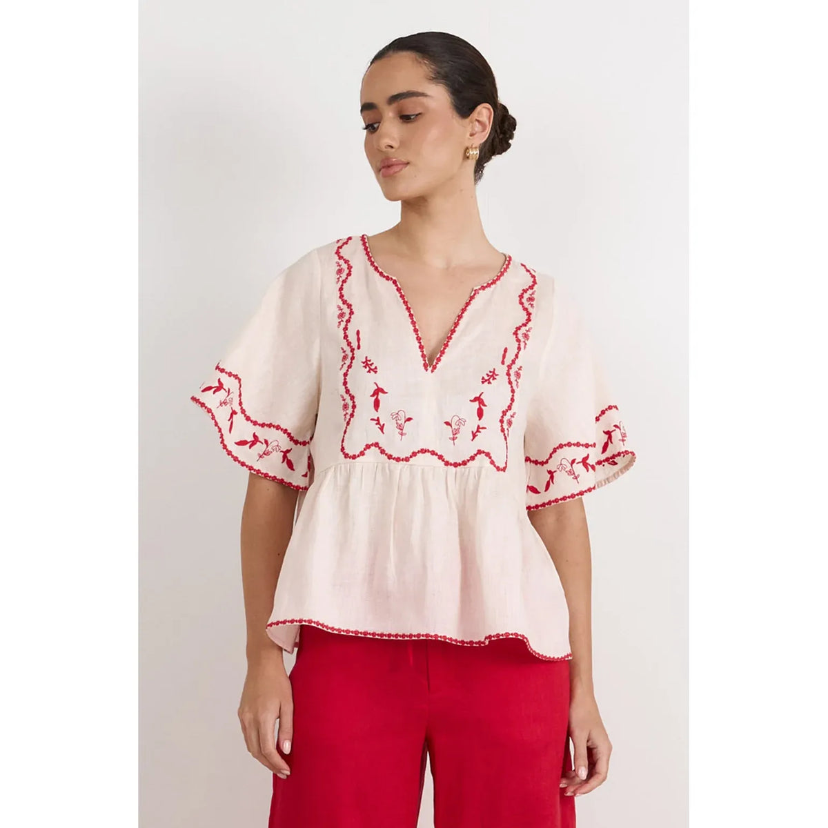 Loren Embroidered Lightweight Linen Top in Stone with red embroidery