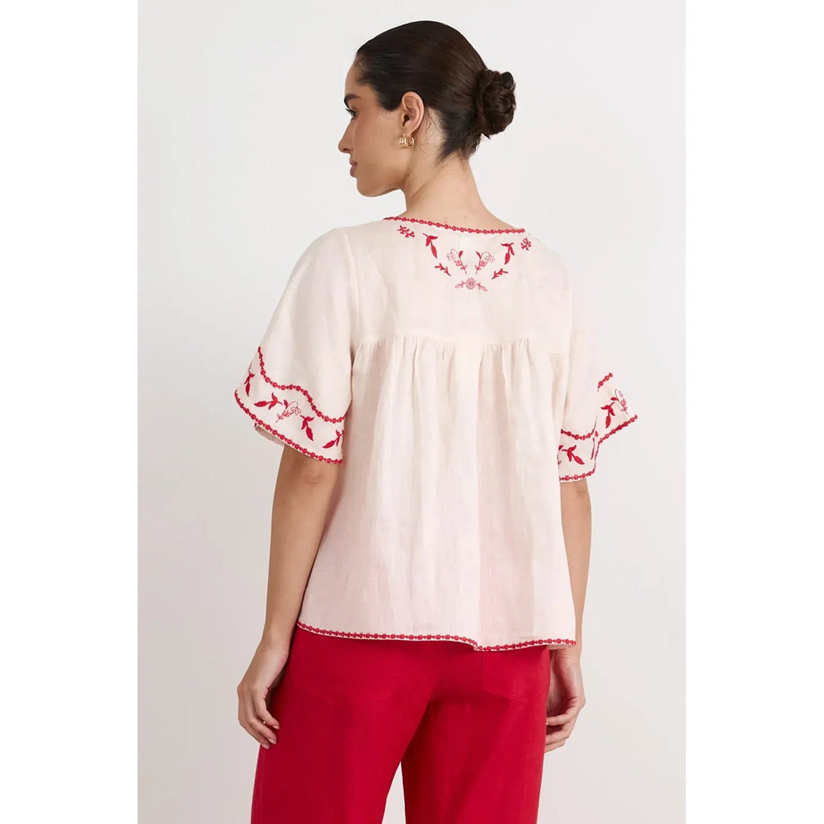 Loren Embroidered Lightweight Linen Top in Stone with red embroidery