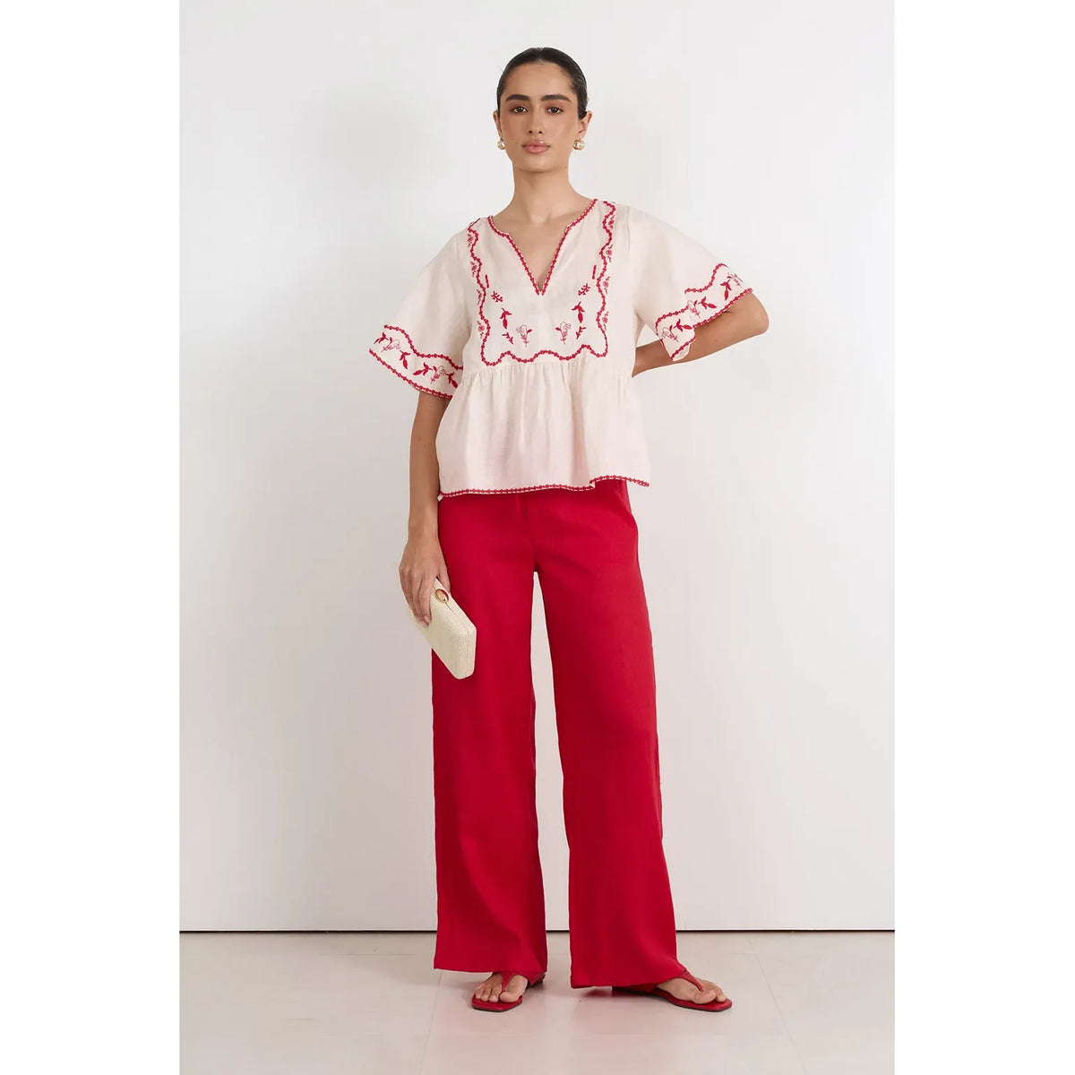 Loren Embroidered Lightweight Linen Top in Stone with red embroidery