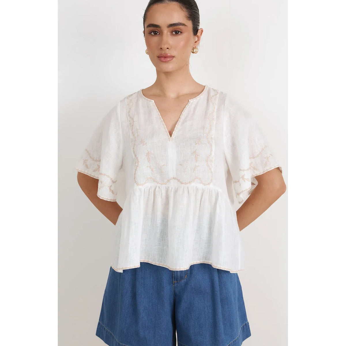 Loren Embroidered Lightweight Linen Top in white