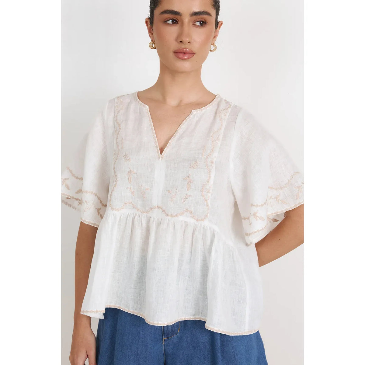 Loren Embroidered Lightweight Linen Top in white