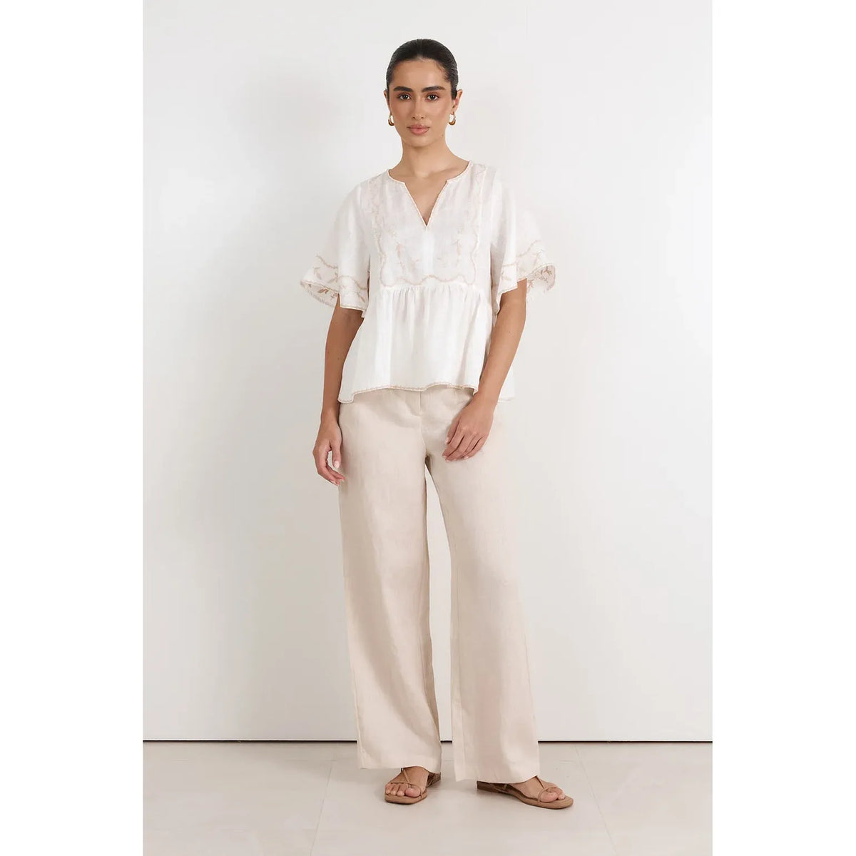 Loren Embroidered Lightweight Linen Top in white