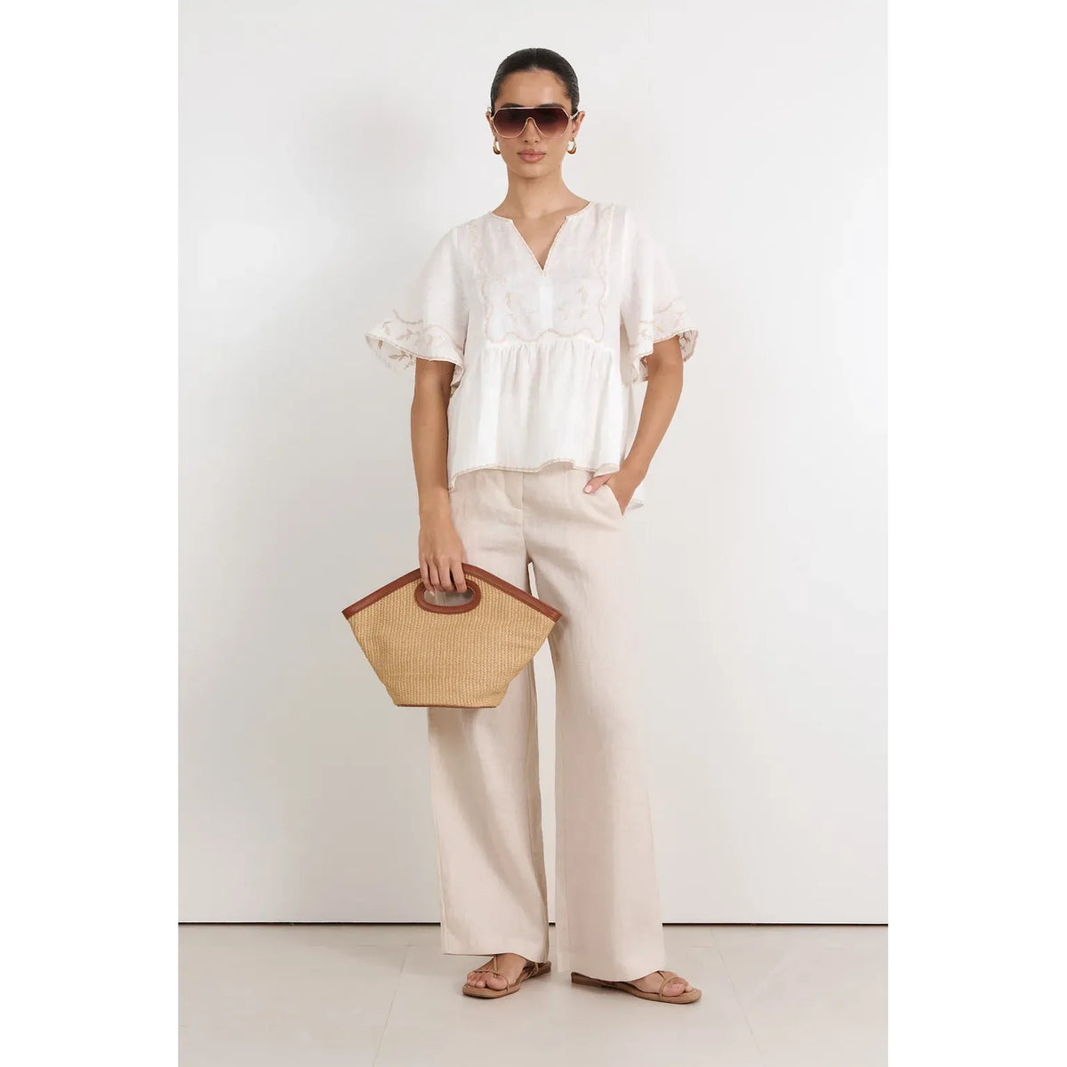 Loren Embroidered Lightweight Linen Top in white