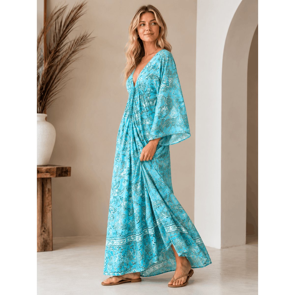 Sophia Turquoise Kaftan Maxi Dress