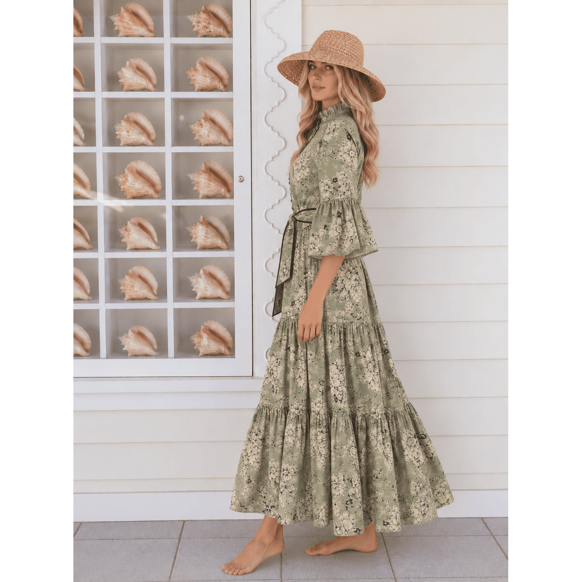 Lucy Sage Floral Hand-Painted Cotton Maxi Dress