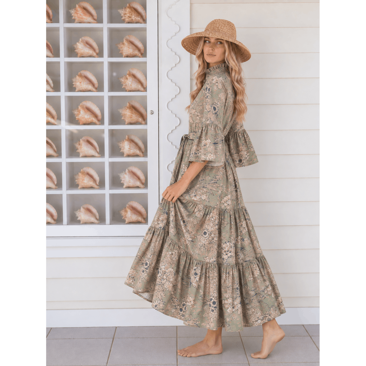 Lucy Sage Floral Hand-Painted Cotton Maxi Dress