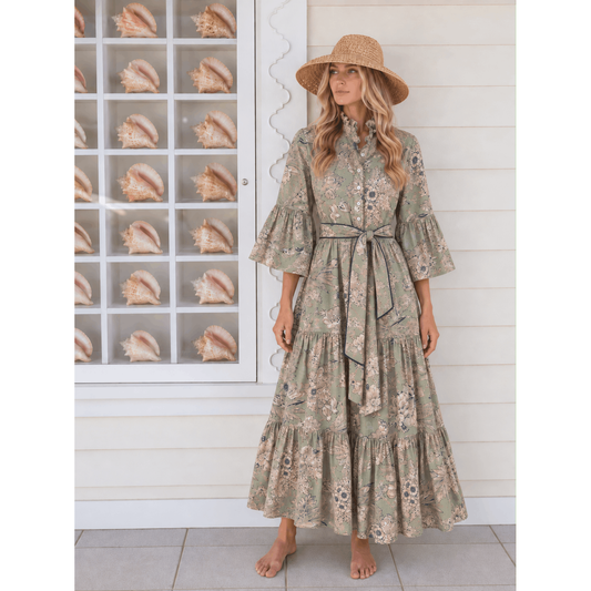Lucy Sage Floral Hand-Painted Cotton Maxi Dress