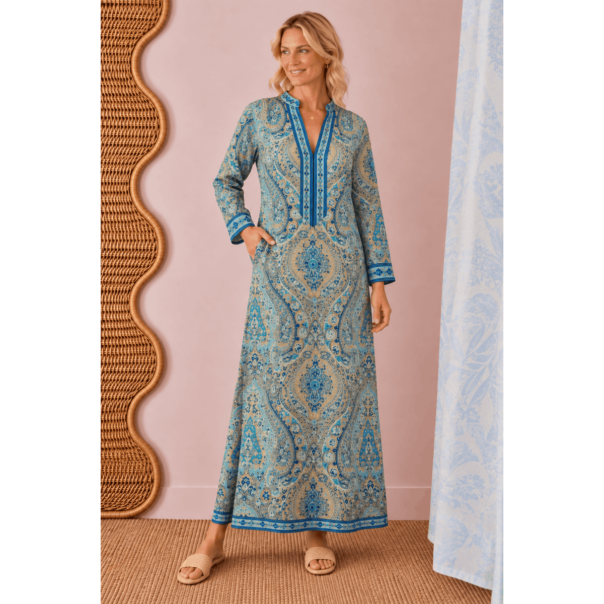 Gwyneth Paisley Long Sleeve Maxi Dress in Blue