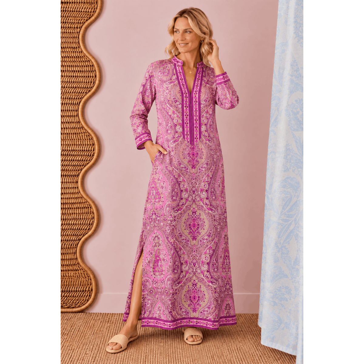 Gwyneth Paisley Long Sleeve Maxi Dress in Pink