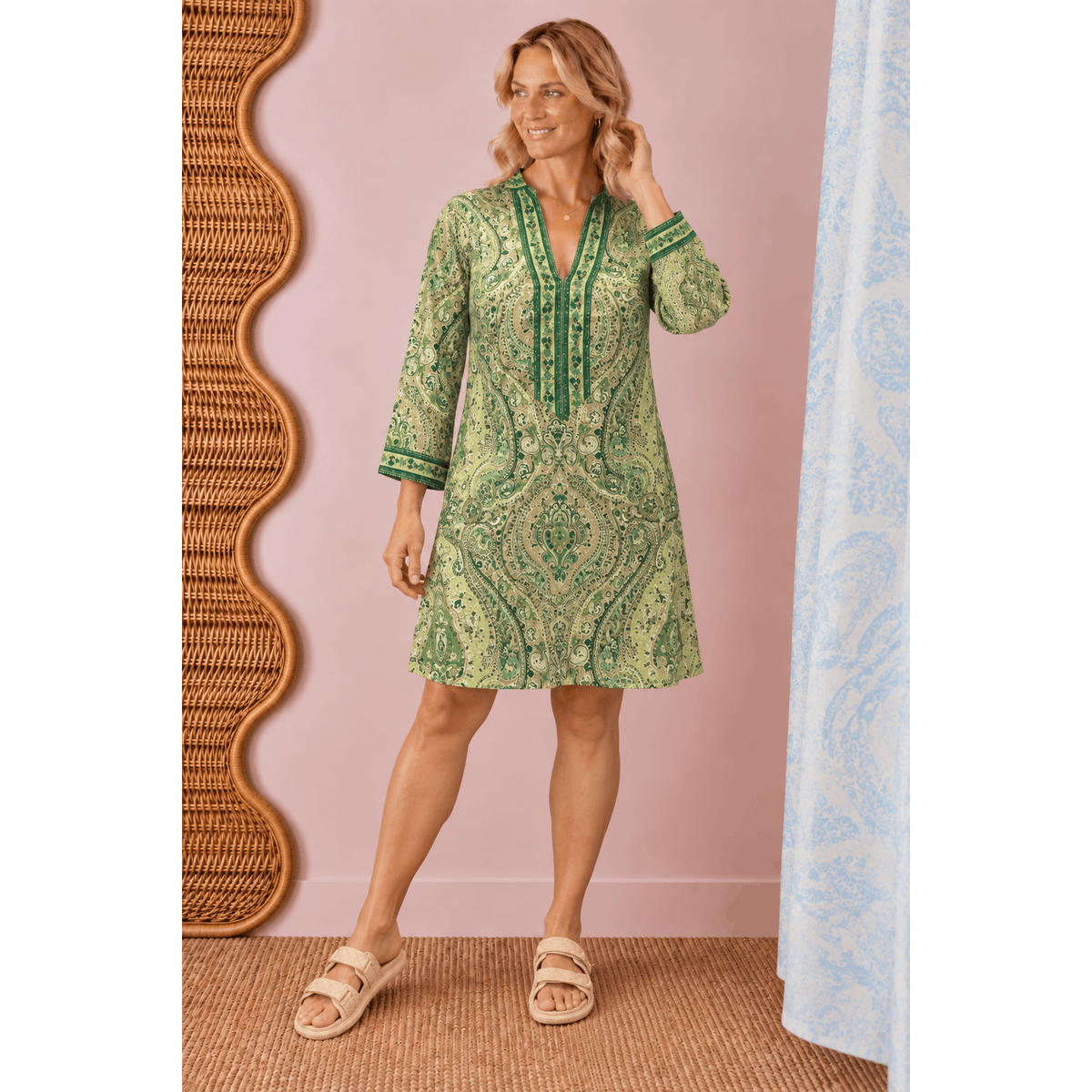 Drew Paisley Short Dress in Green