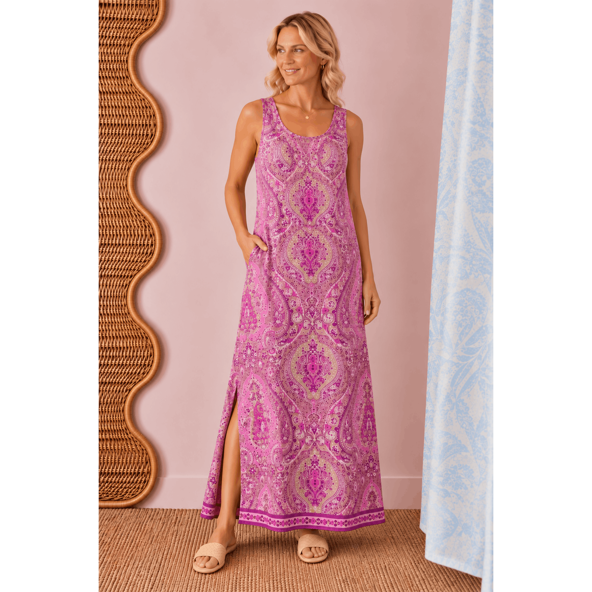 Cameron Paisley Sleeveless Maxi Dress in Pink