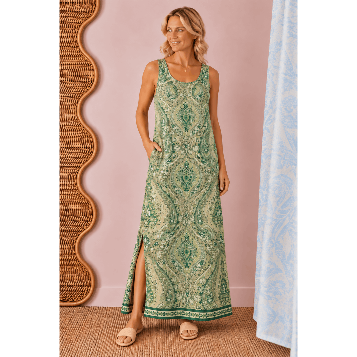 Cameron Paisley Sleeveless Maxi Dress in Green