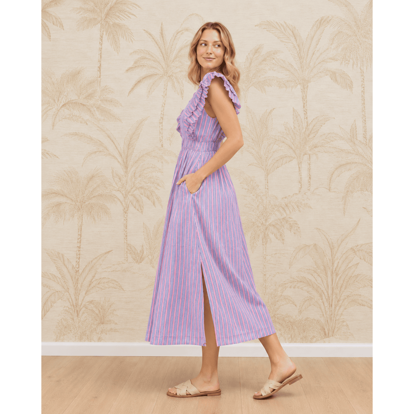 Carol Pink Stripe 100% Cotton Midi Dress