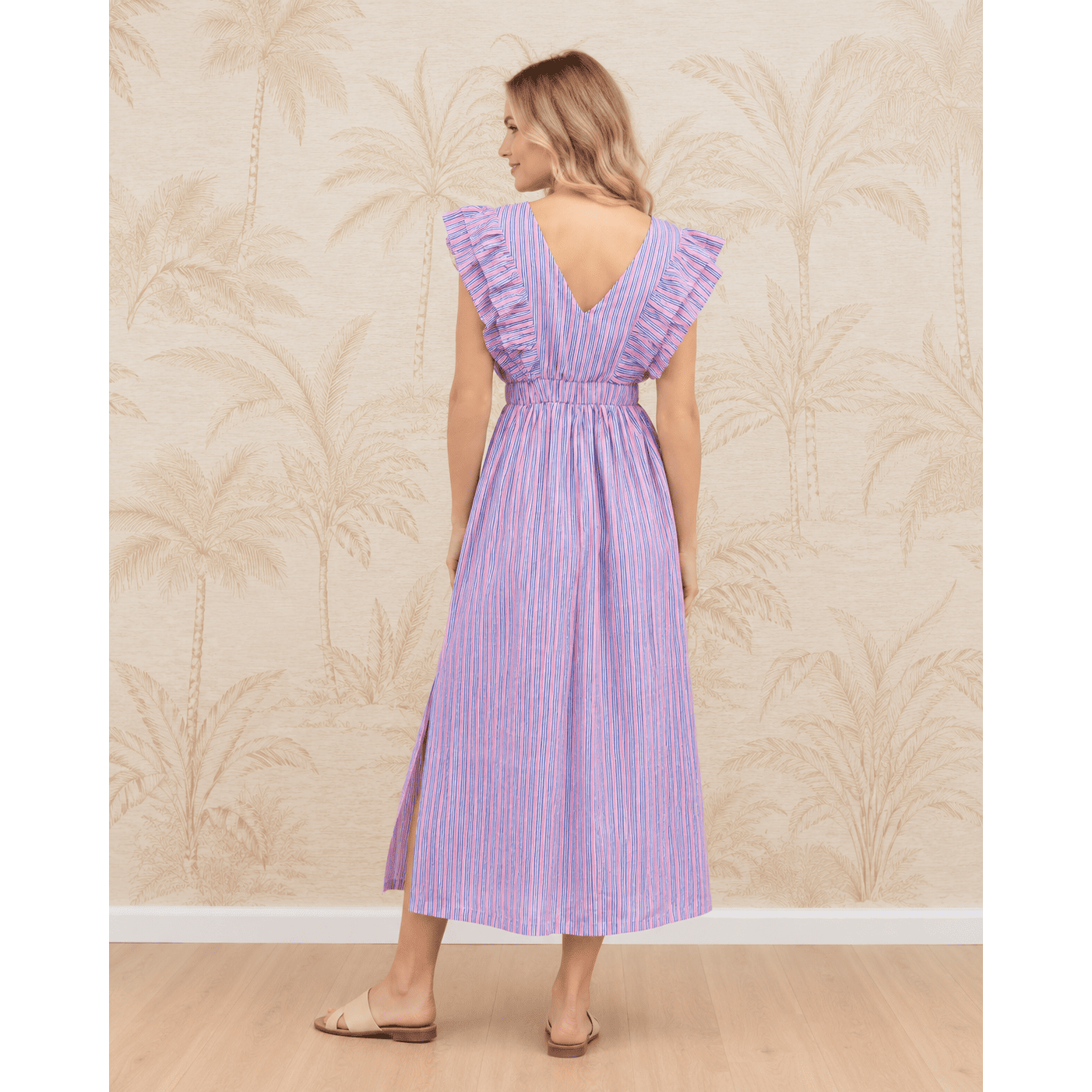 Carol Pink Stripe 100% Cotton Midi Dress