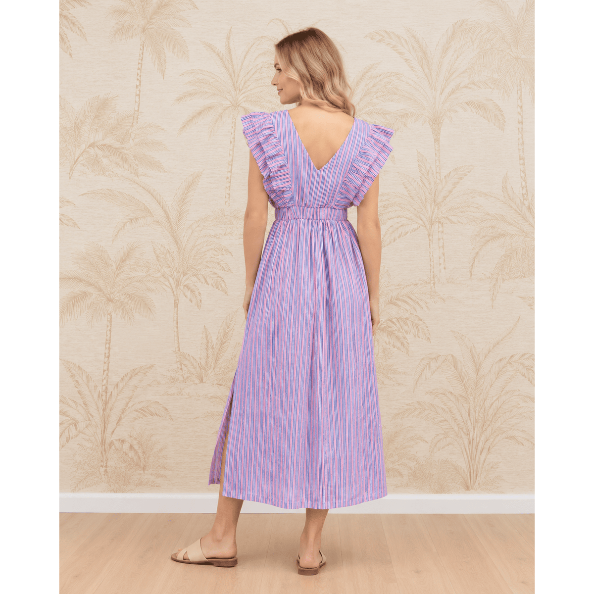 Carol Pink Stripe 100% Cotton Midi Dress