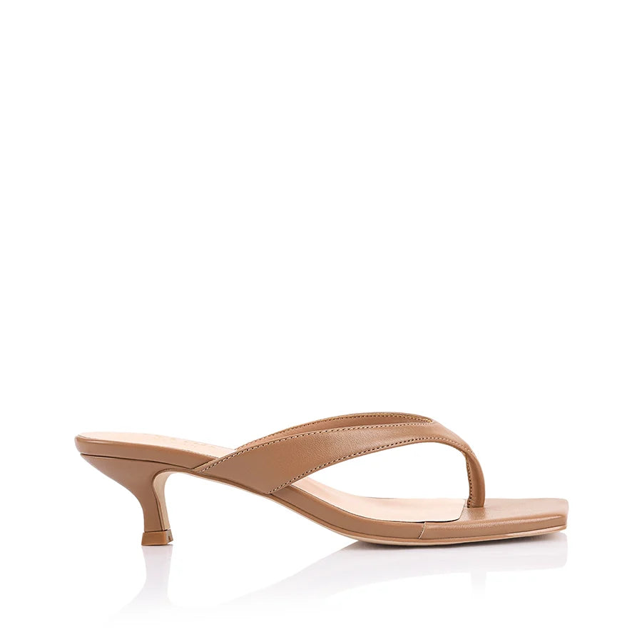 Martha Kitten Heel Thongs in Dark Camel Tan