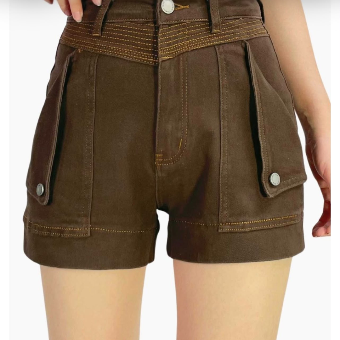 matilda chocolate denim shorts up close