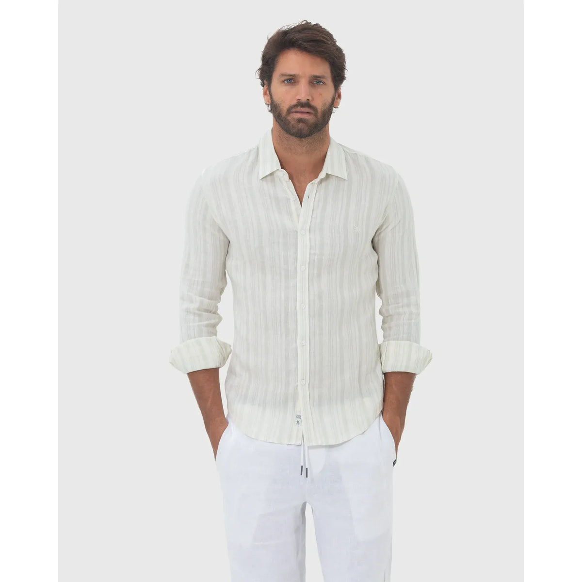 Lachlan Long Sleeve Linen Shirt in Aqua Stripe for Men