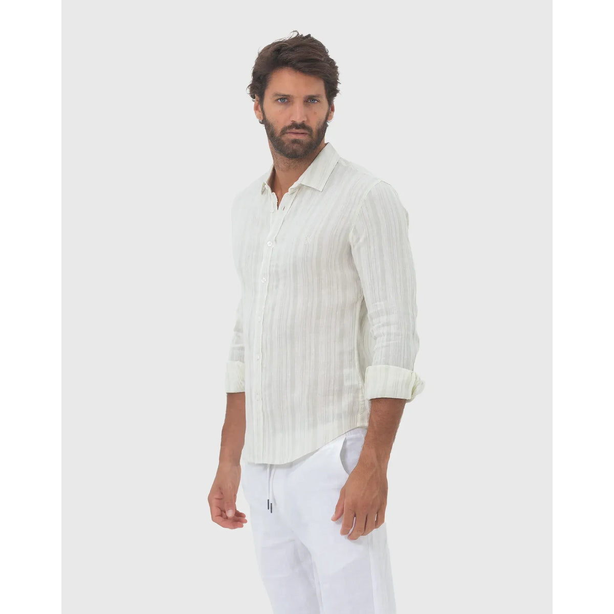 Lachlan Long Sleeve Linen Shirt in Aqua Stripe for Men