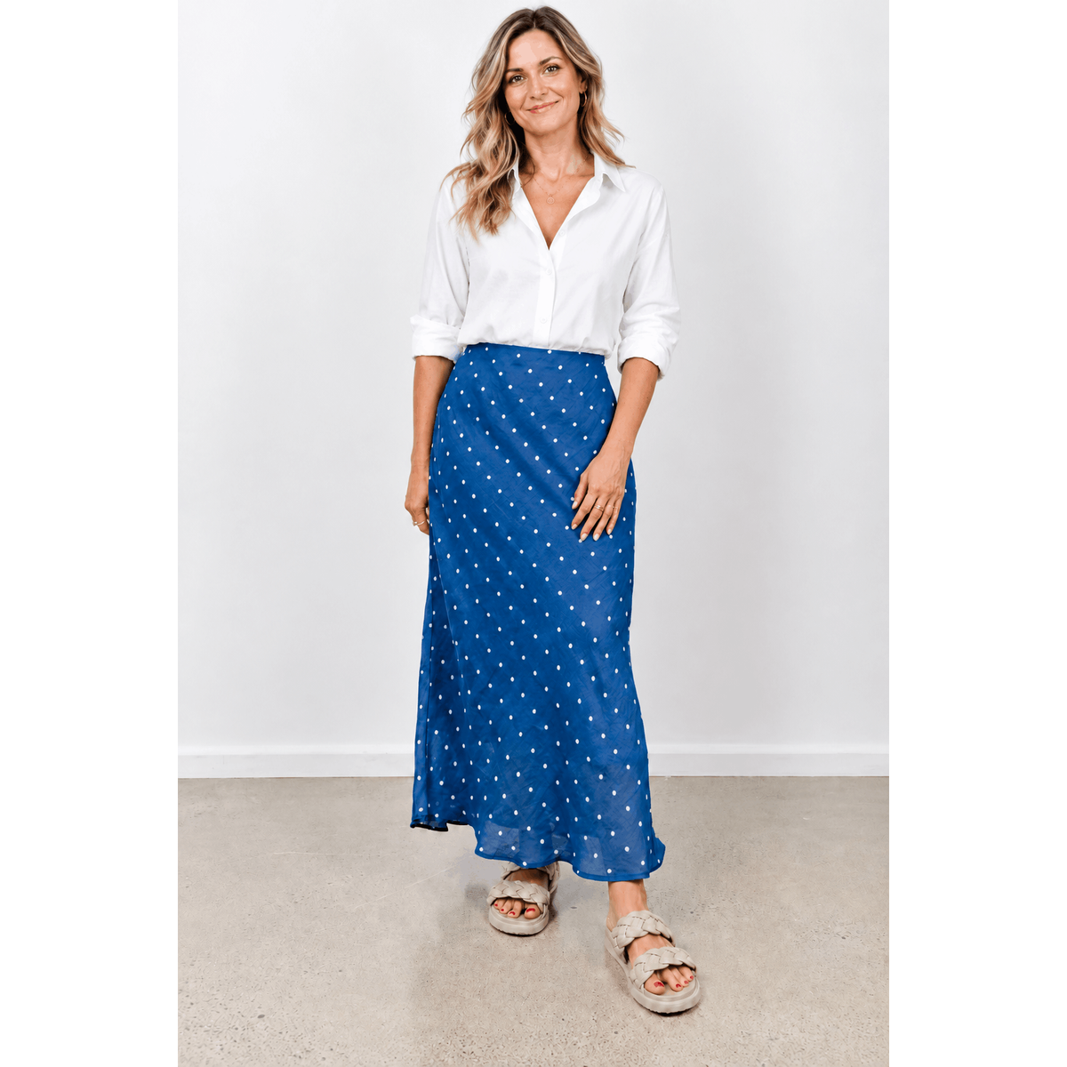 Dolly Blue & White Spot Linen Maxi Skirt