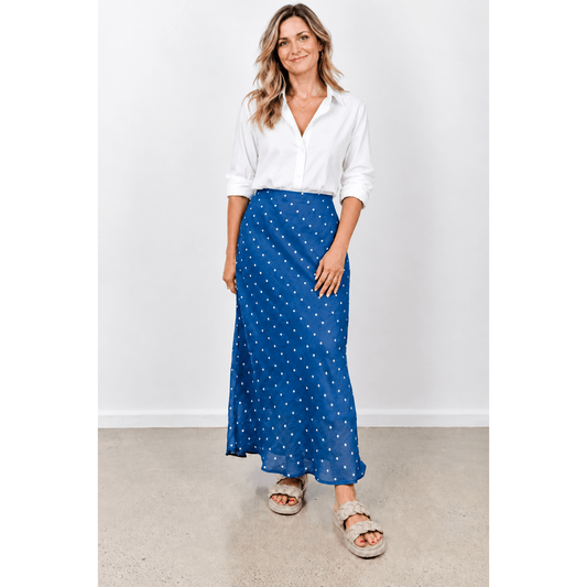 Dolly Blue & White Spot Linen Maxi Skirt