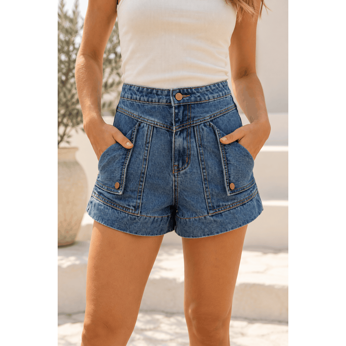 Remi Rigid Denim Cargo Shorts up close