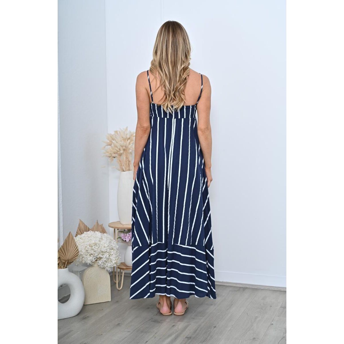 Amalfi navy stripe maxi dress back view