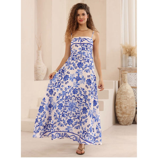 Dolce Blue and White Maxi Dress Full Front Design