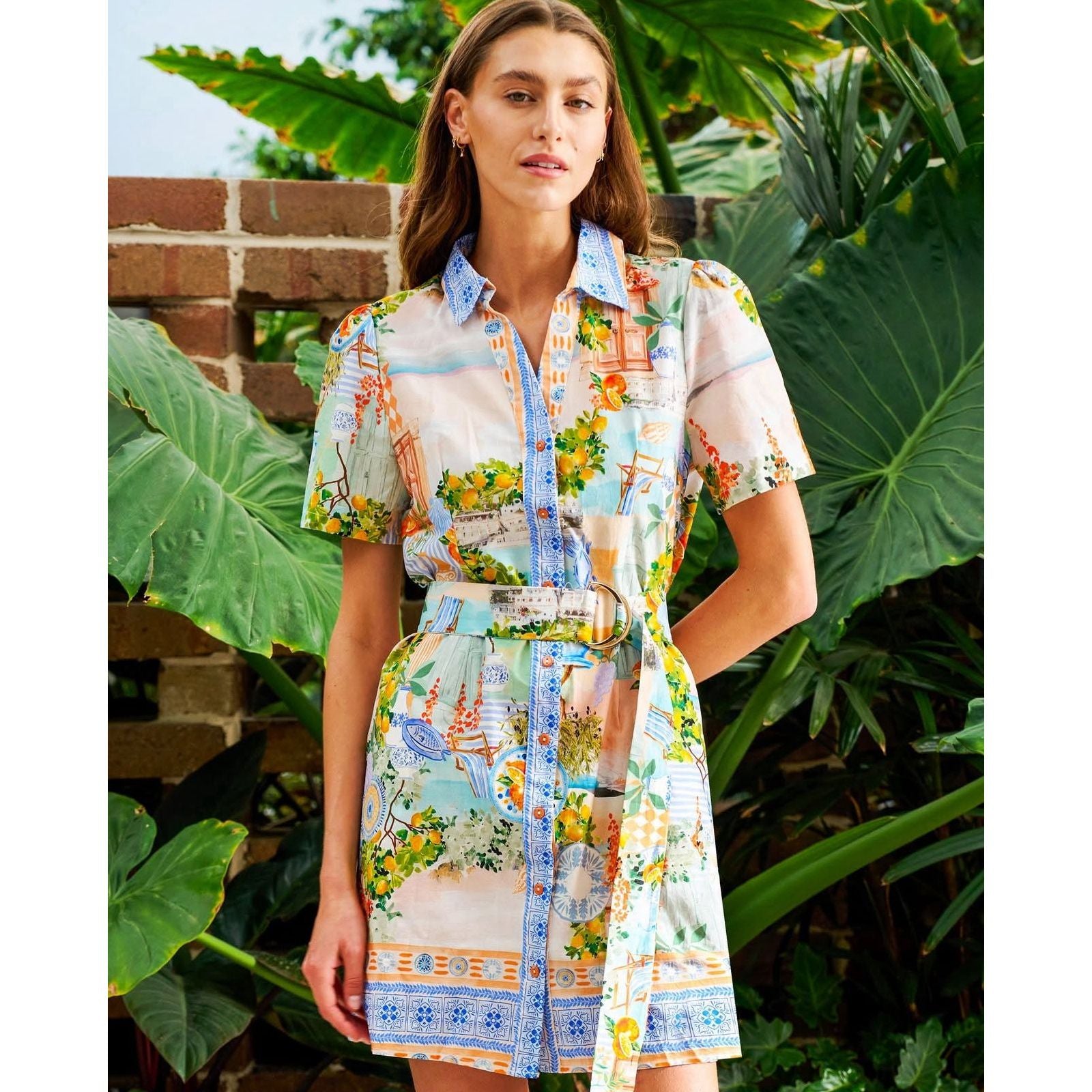 Sofia cotton shirt dress with belt up close