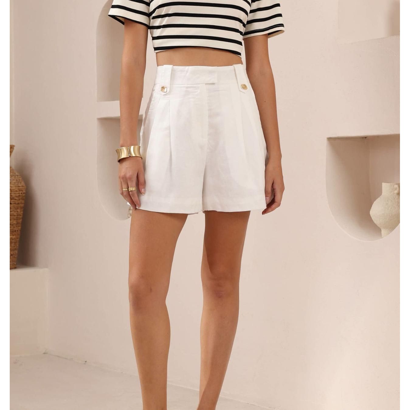 Solene White Linen Cotton Shorts