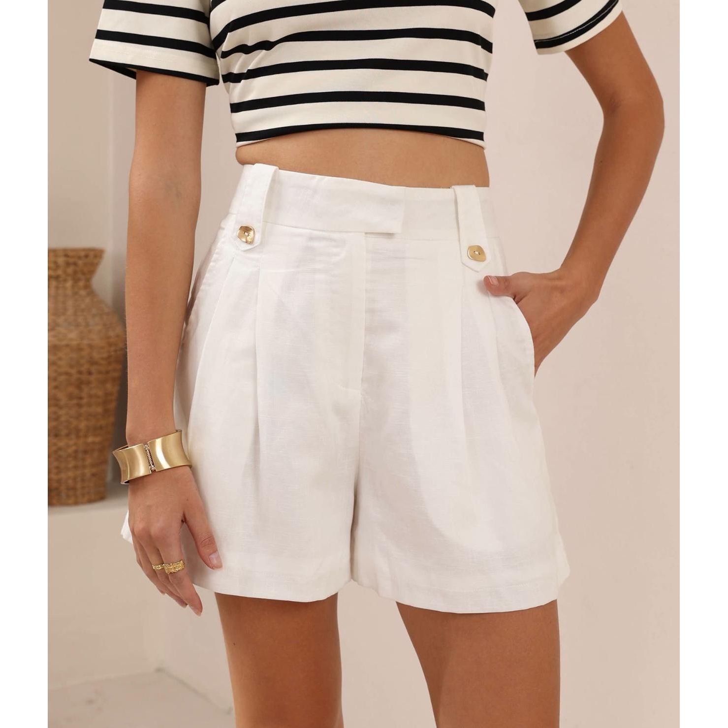 Solene White Linen Cotton Shorts