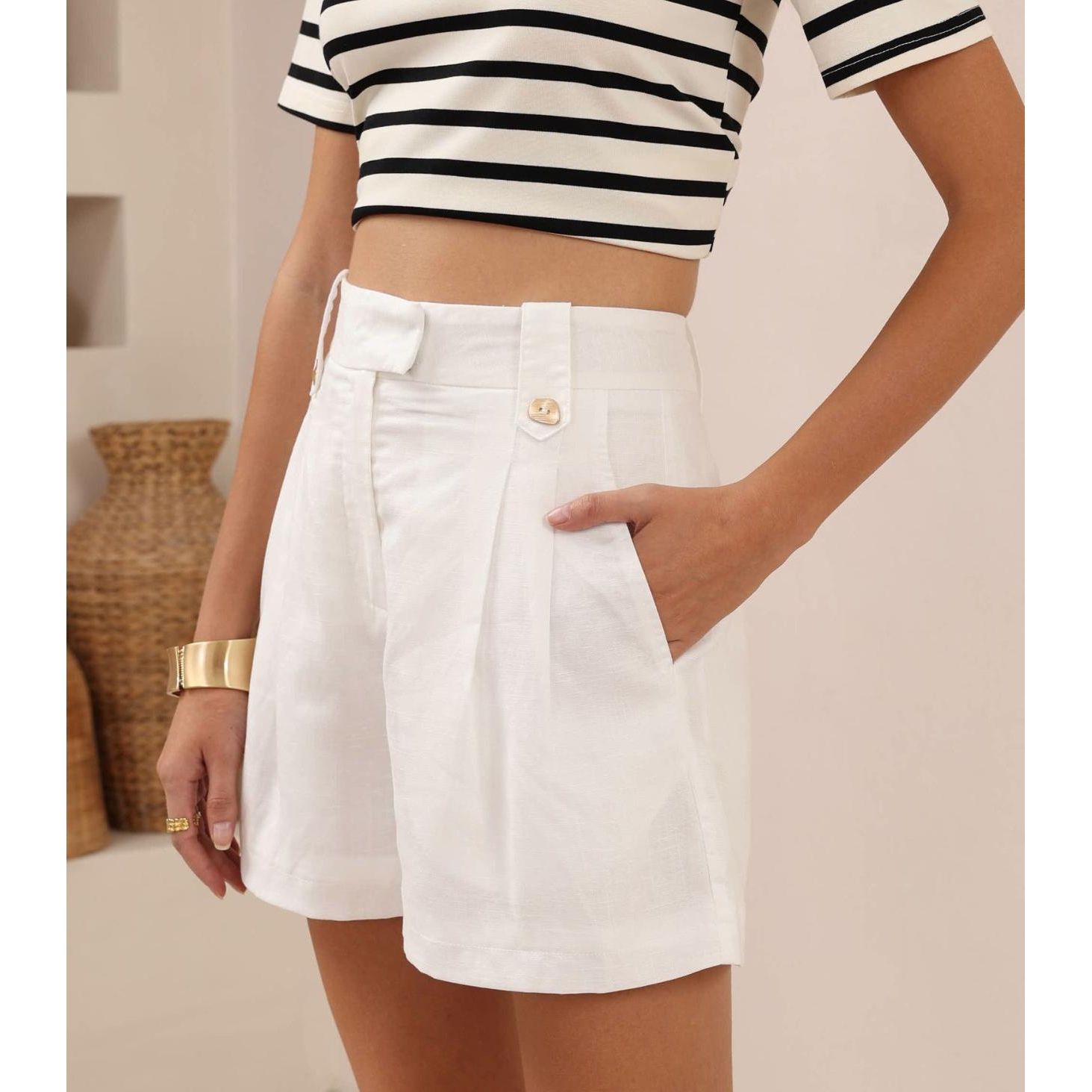 Solene White Linen Cotton Shorts side view