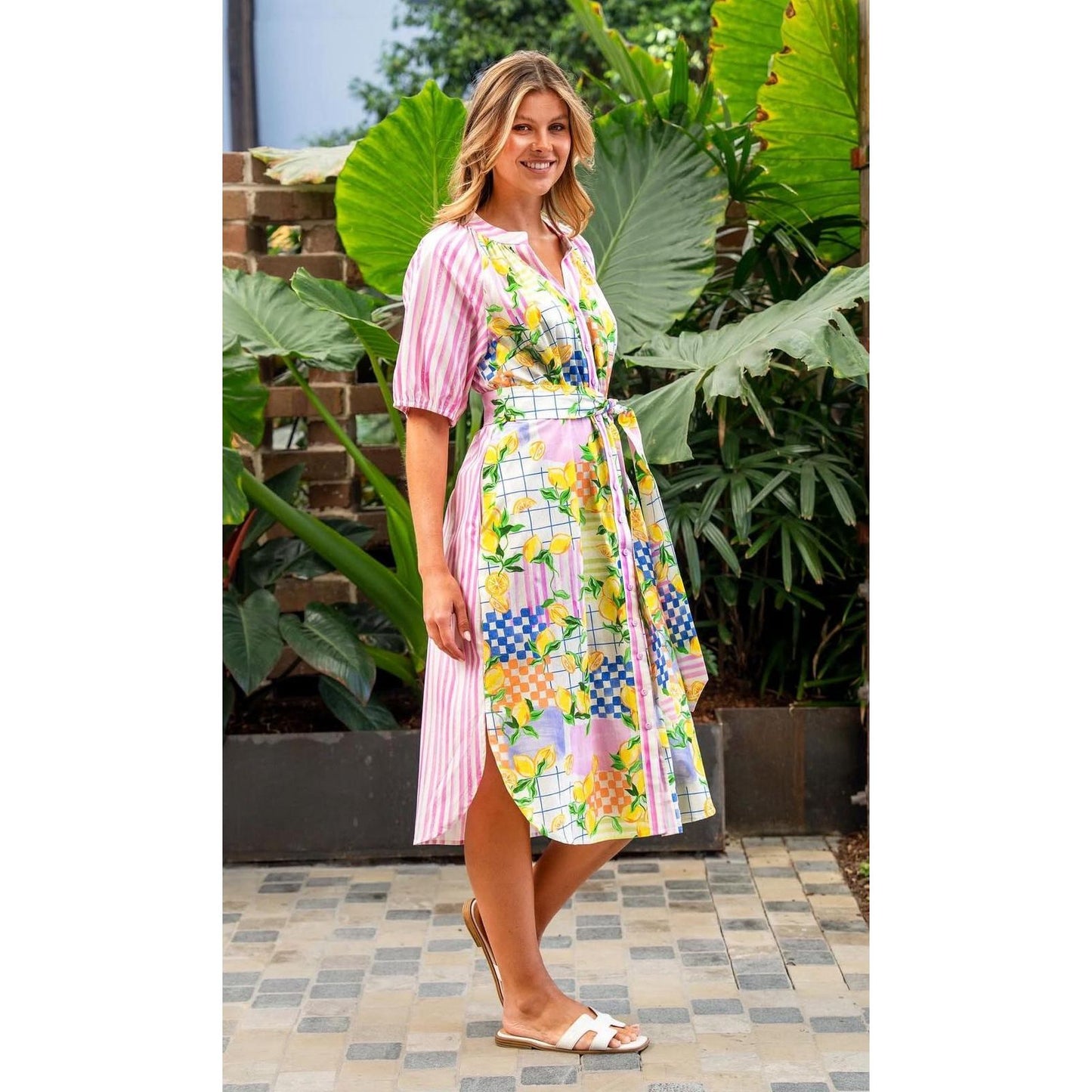 Citrina Mandarin Collar Midi Dress with Belt