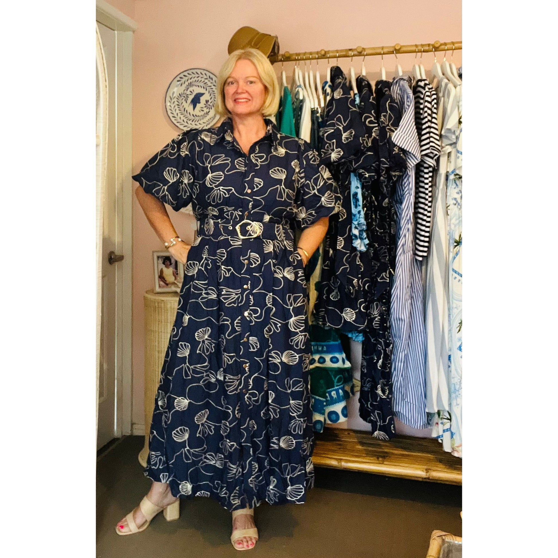 celine collared navy blue long dress 