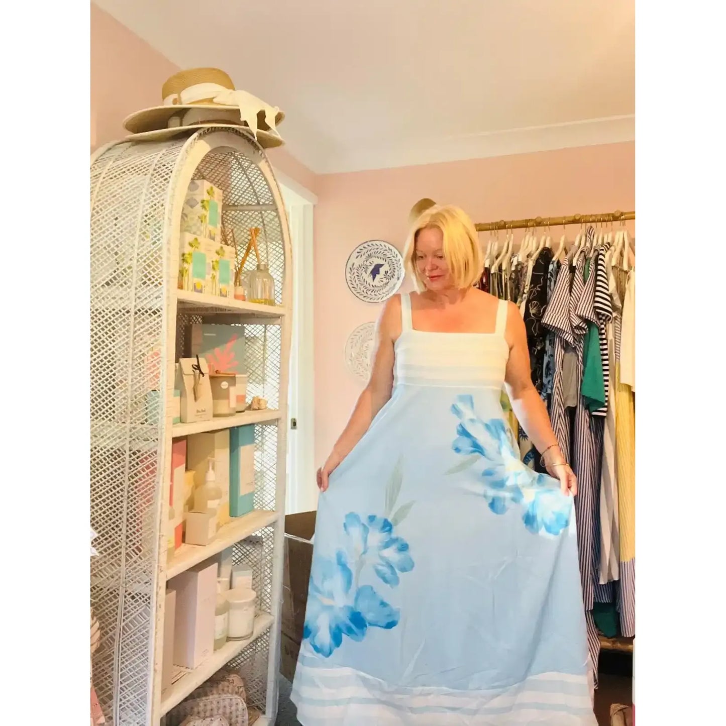 Elara Botanical Floral Maxi Dress in Blue