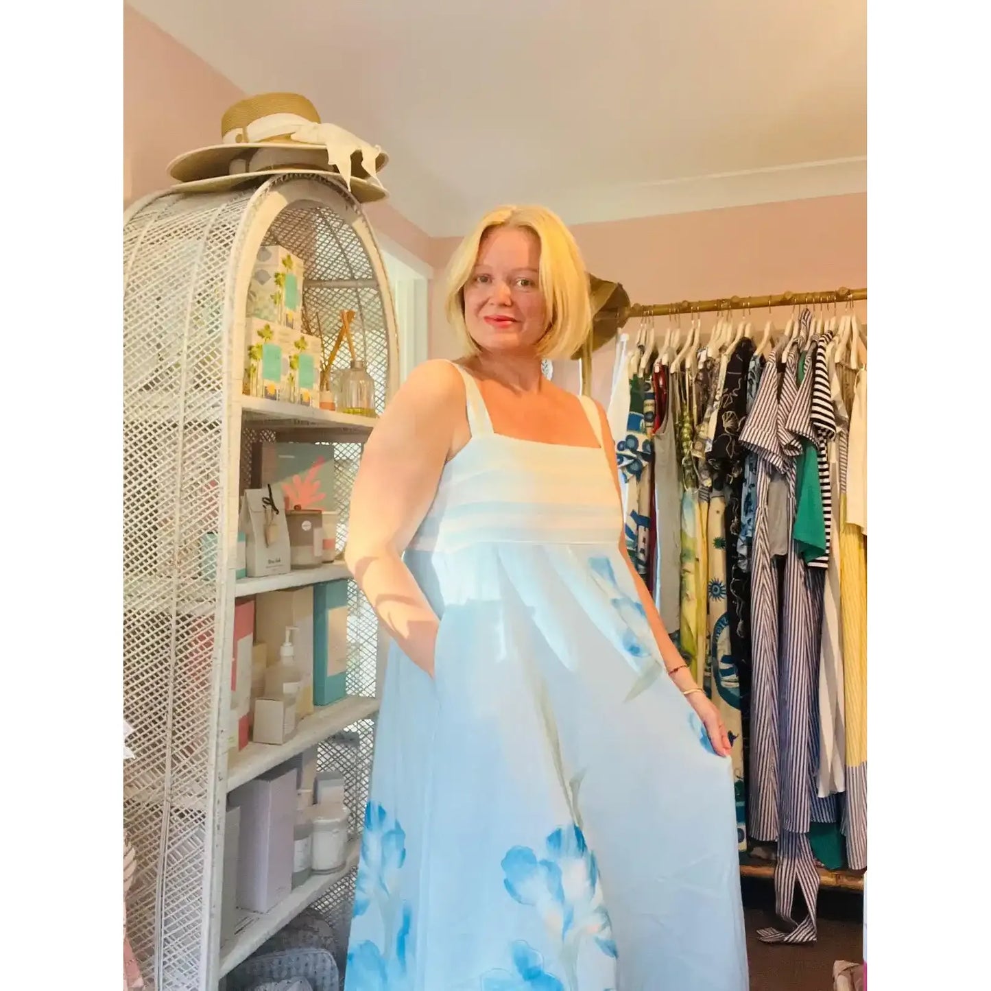 Elara Botanical Floral Maxi Dress in Blue details