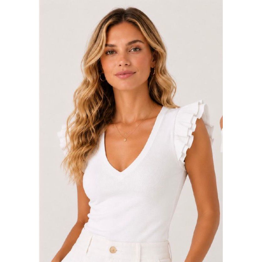 Elodie White Cotton Stretch Ruffle Sleeve Tee