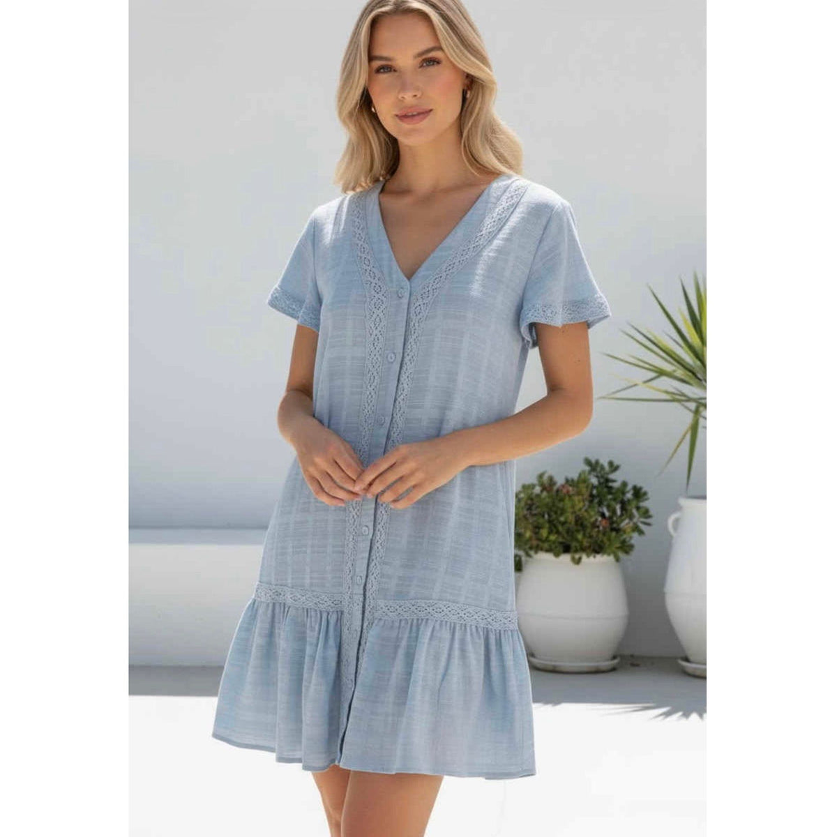 Arielle Blue Cotton Lace Trim Dress