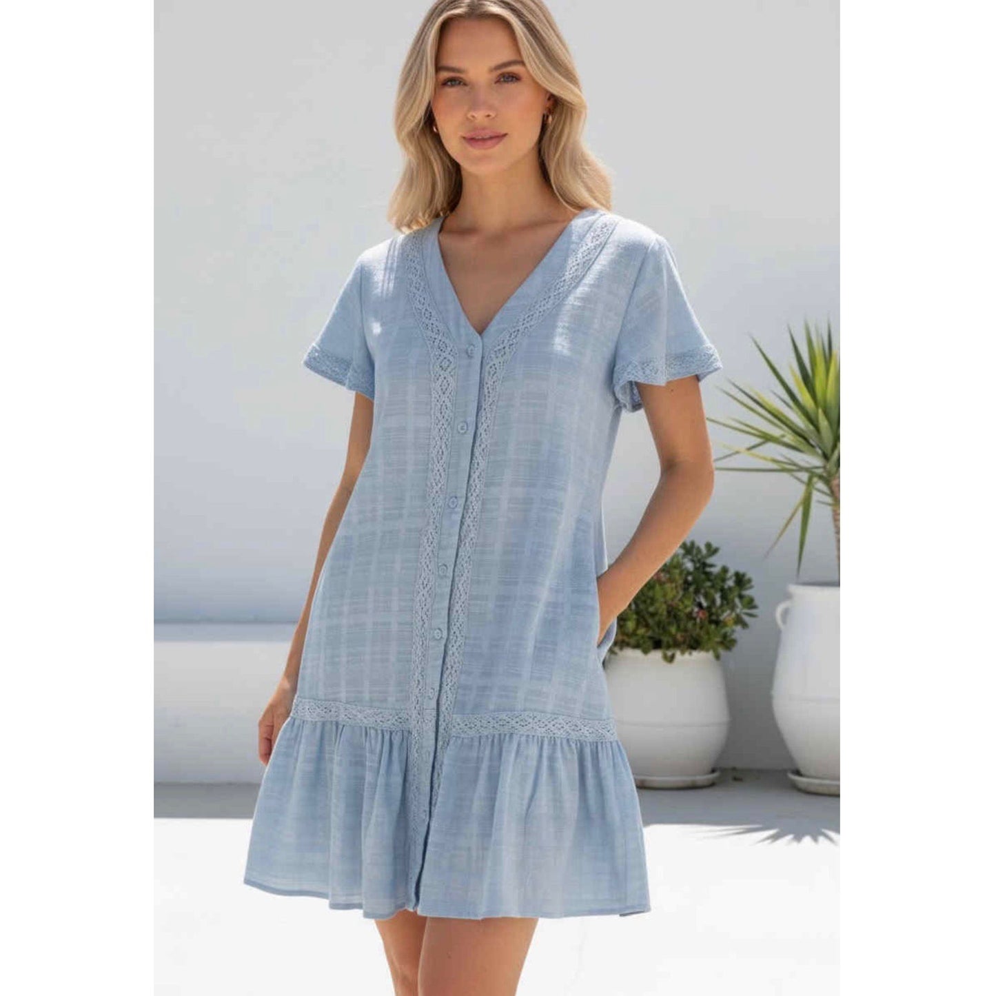 Arielle Blue Cotton Lace Trim Dress
