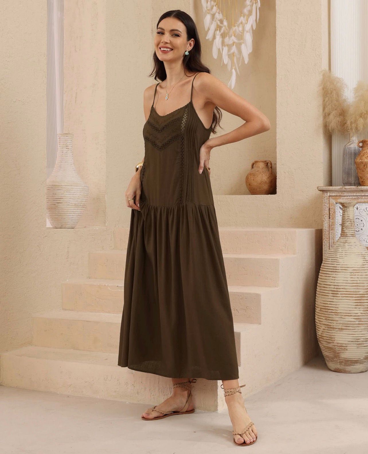 Maeve Lace Trim Cotton Maxi Dress in Chocolate