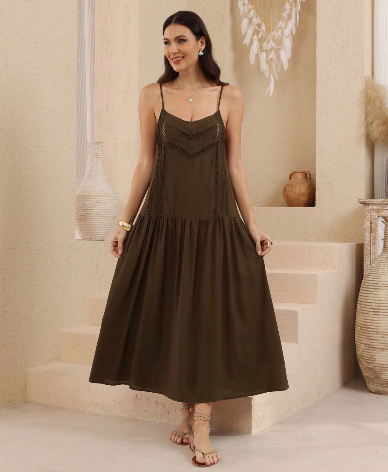Maeve Lace Trim Cotton Maxi Dress in Chocolate