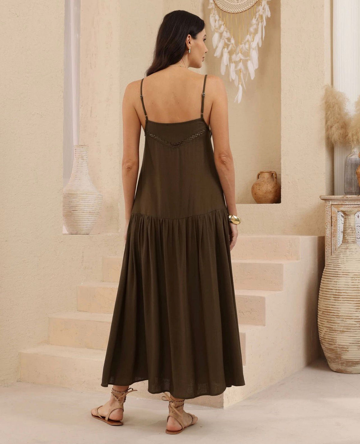 Maeve Lace Trim Cotton Maxi Dress in Chocolate