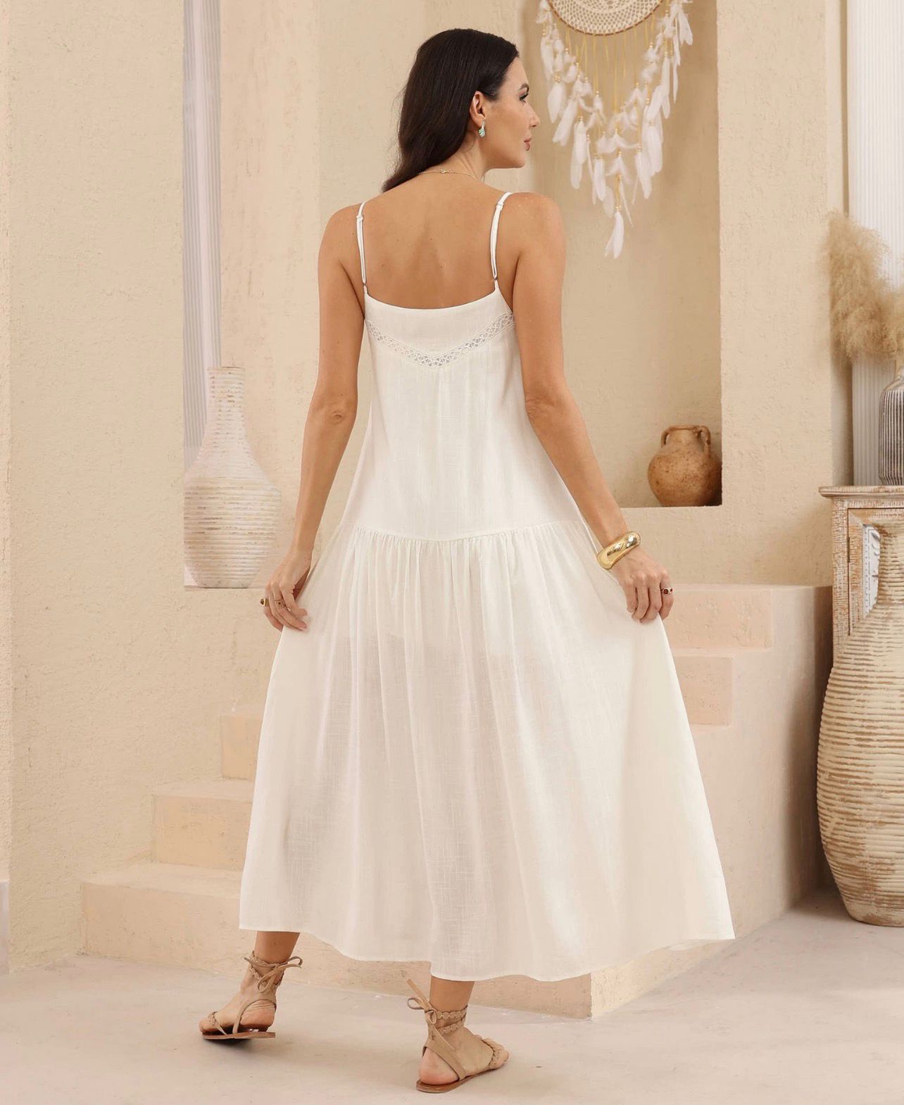 Maeve Lace Trim Cotton Maxi Dress in White Cream