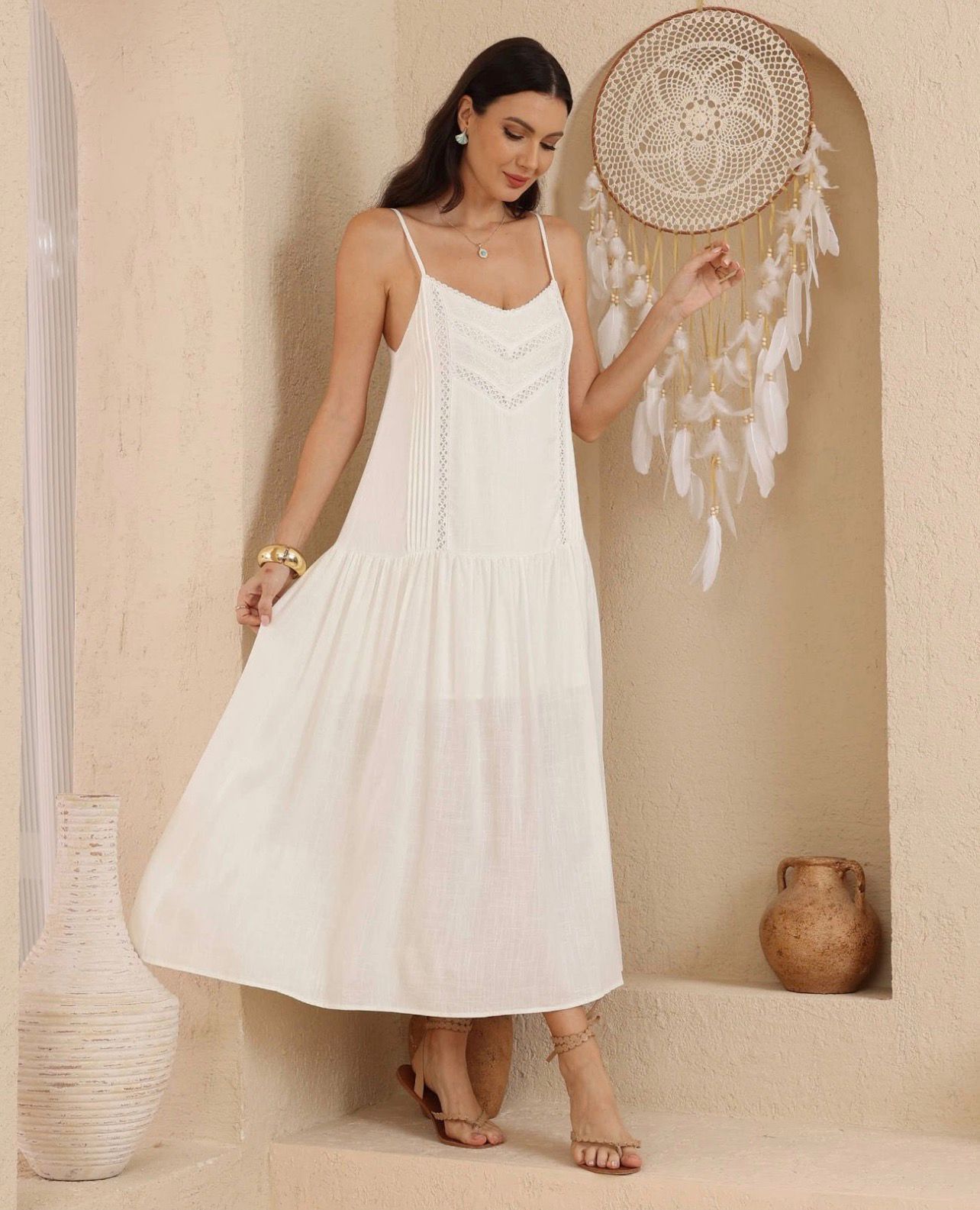 Maeve Lace Trim Cotton Maxi Dress in White Cream