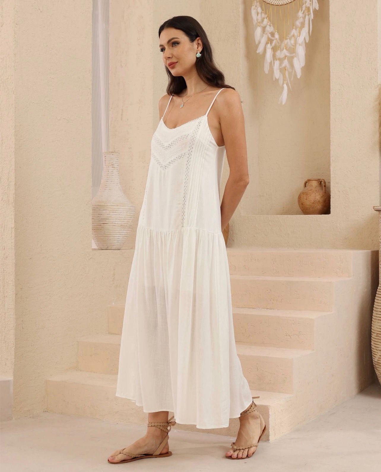 Maeve Lace Trim Cotton Maxi Dress in White Cream