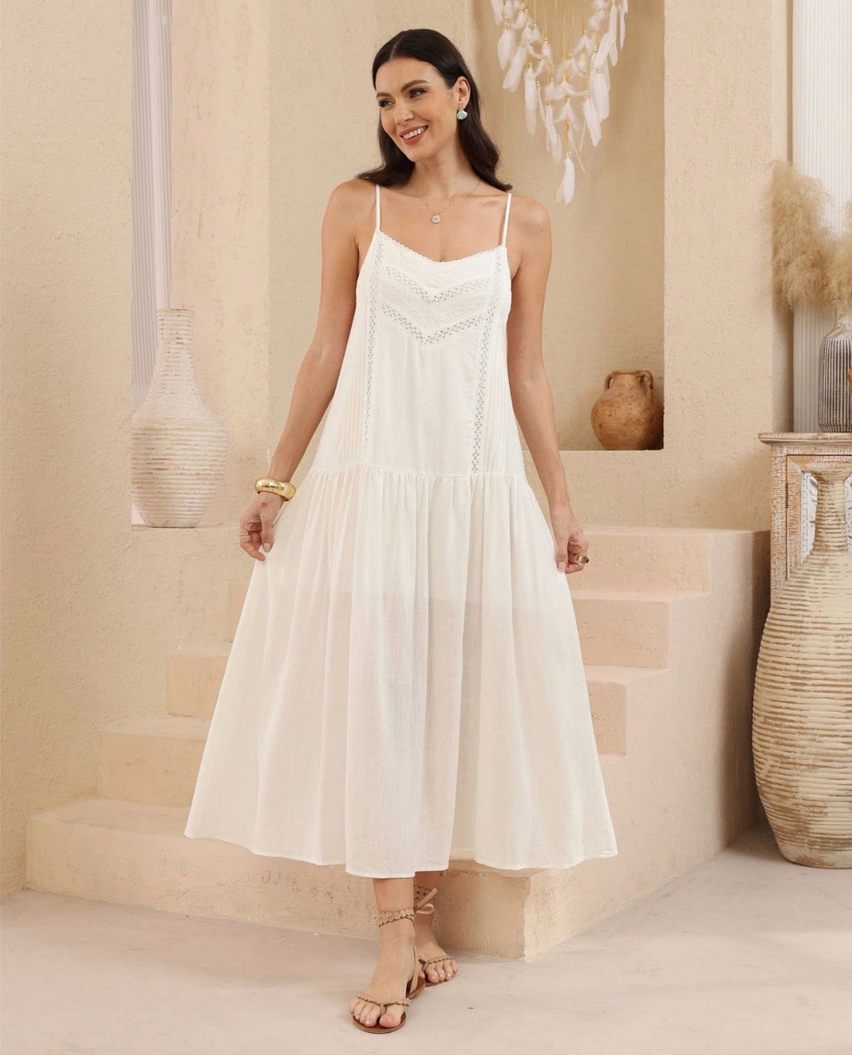 Maeve Lace Trim Cotton Maxi Dress in White Cream