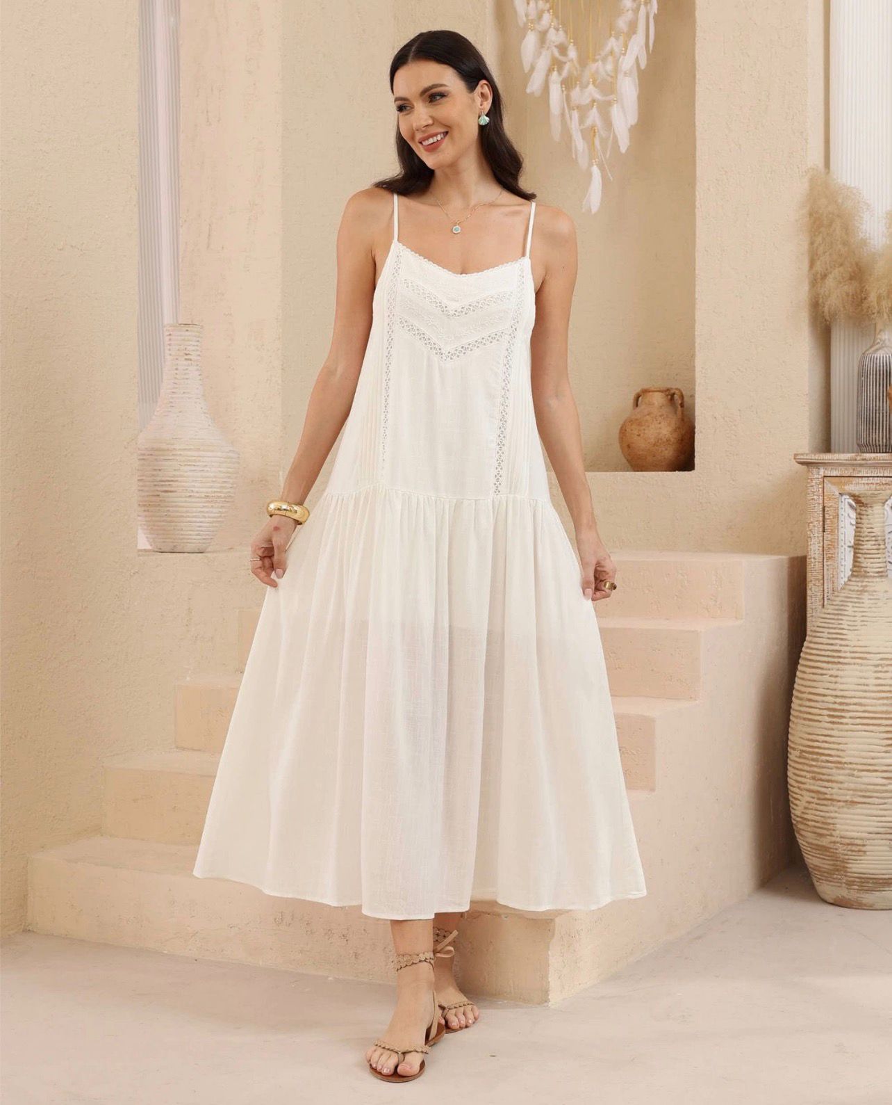 Maeve Lace Trim Cotton Maxi Dress in White Cream